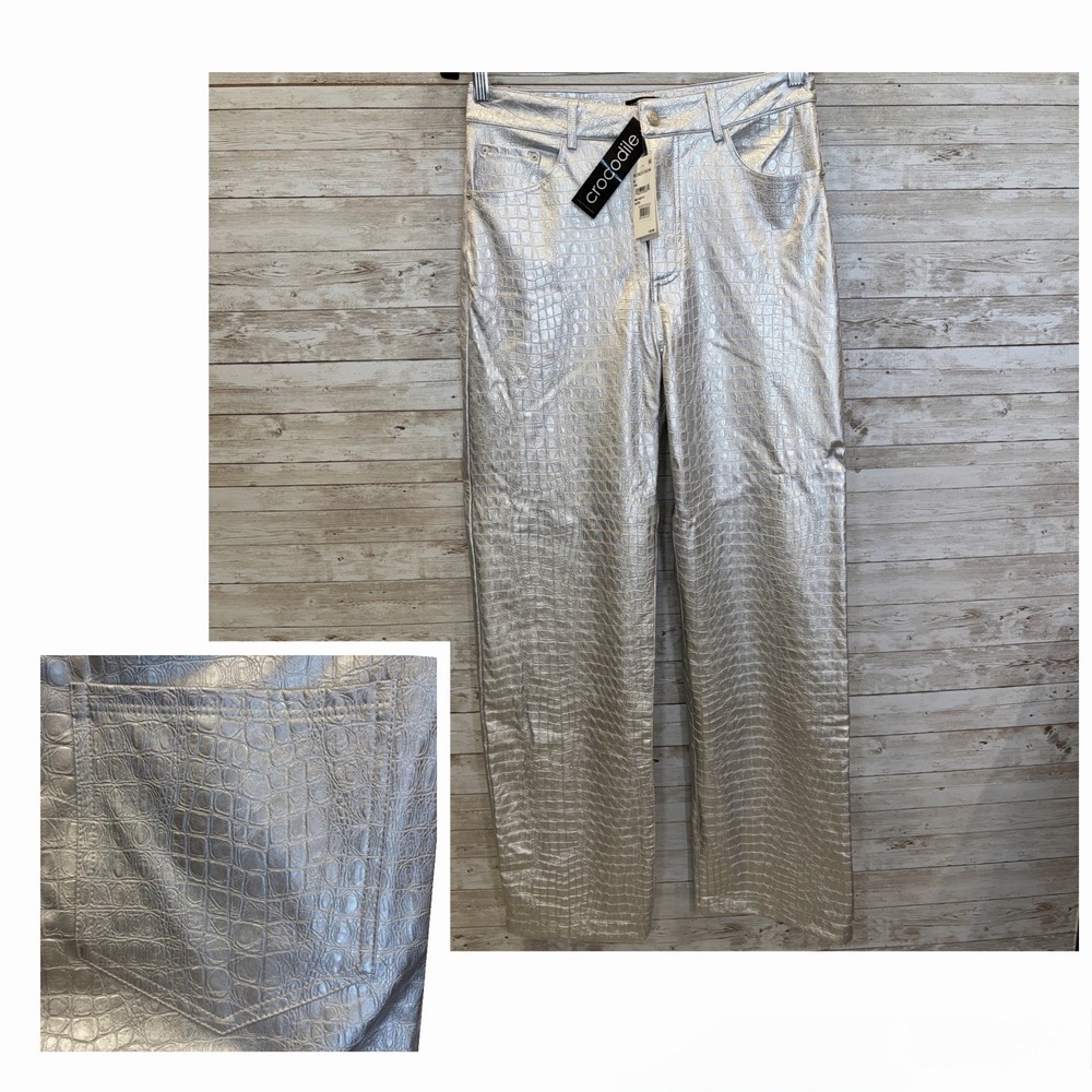 NWT Naked Wardrobe Womens M Pants Silver Metallic Crocodile Faux Leather Stretch